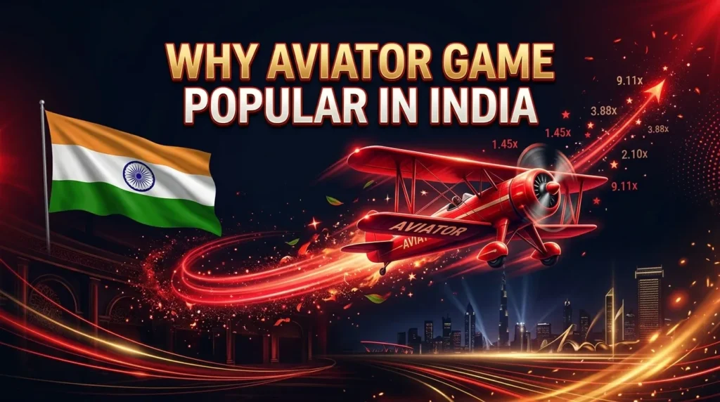 Red biplane flying with light trails and multipliers, Indian flag on the left, large text 'WHY AVIATOR GAME POPULAR IN INDIA'
