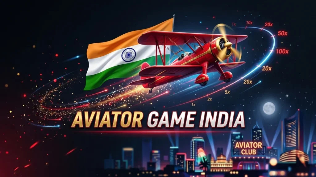 Red biplane flying with the Indian flag, glowing multipliers (1x to 100x) and sparkling effects over a city skyline, text AVIATOR GAME INDIA
